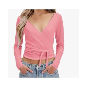 PRETTODAY Wrap Knit Sweater V Neck Tie Front Pink